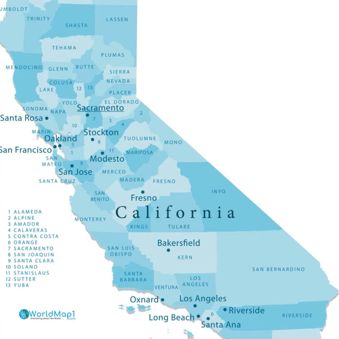 Carte des villes et des routes de Californie